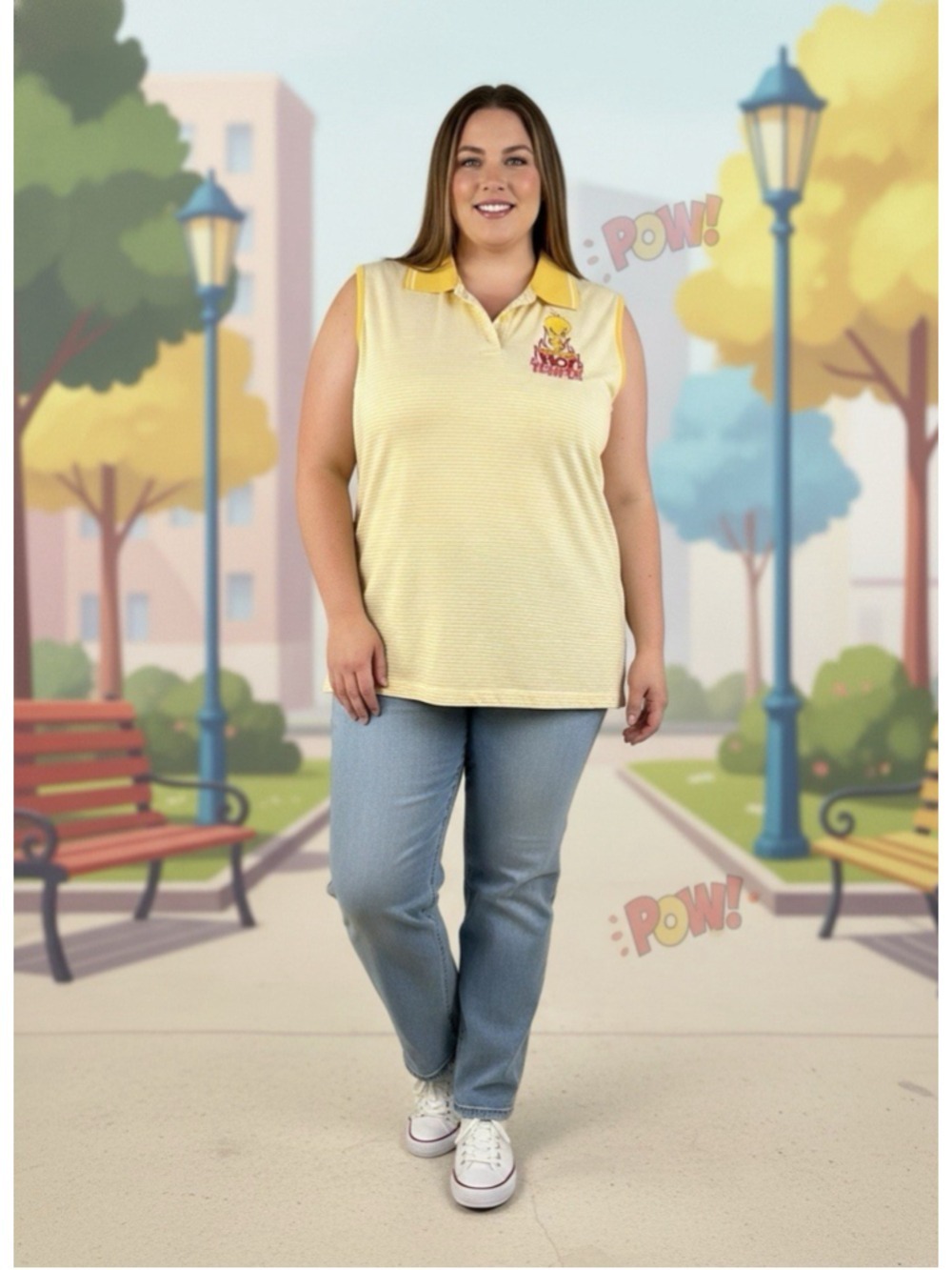 Vtg 90s Warner Bros Tweety Bird Hot Temper Sleeveless Polo Shirt Yellow Plus